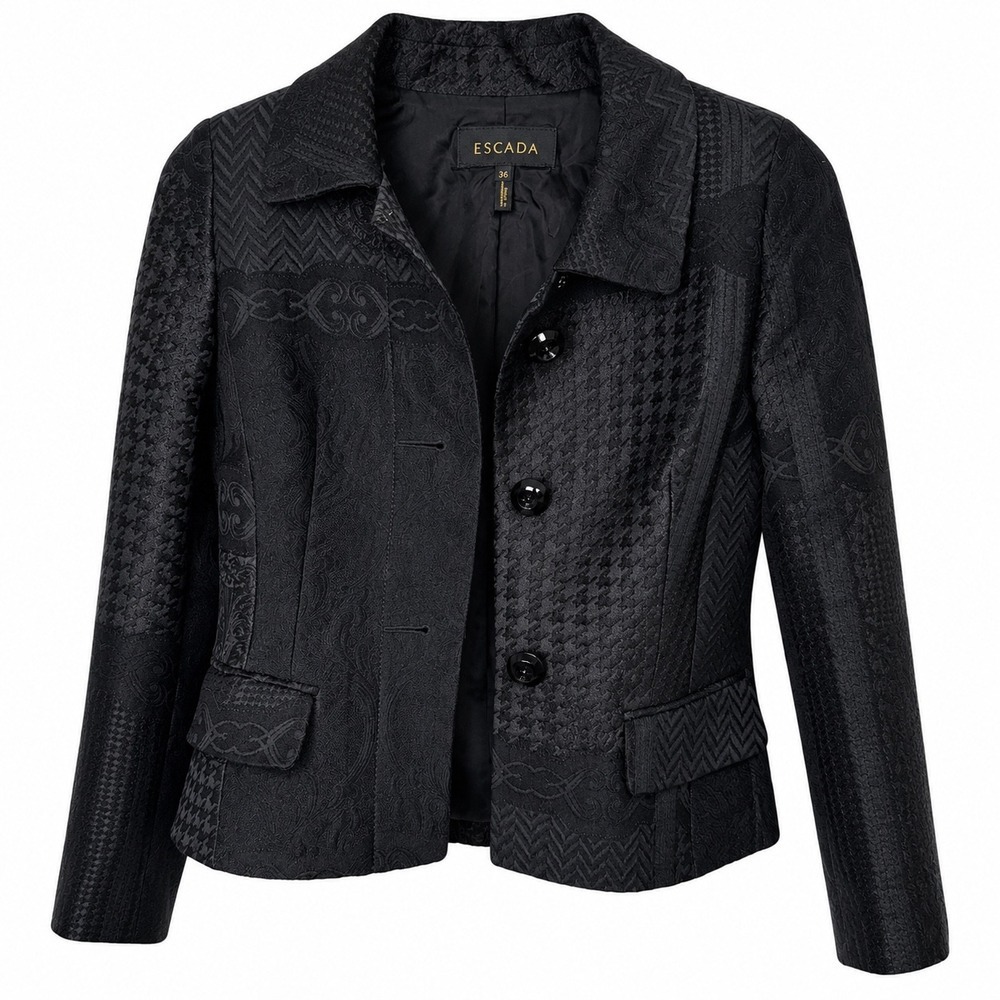 Escada Black Jacquard Blazer Jacket Size 36 Textured Pattern Designer - Picture 1 of 7